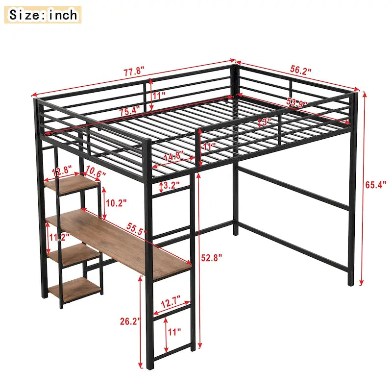 Lit mezzanine en métal pleine grandeur avec bureau intégré et étagères de rangement