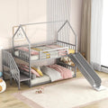 Lit superposé en métal de taille double avec toboggan et escalier, en forme de maison
