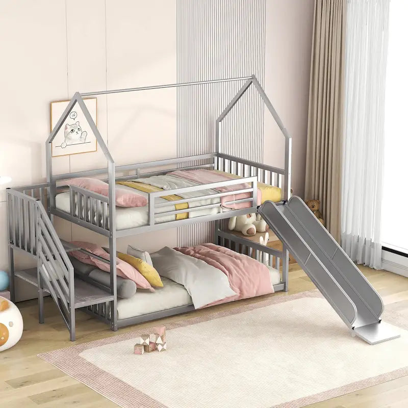 Lit superposé en métal de taille double avec toboggan et escalier, en forme de maison