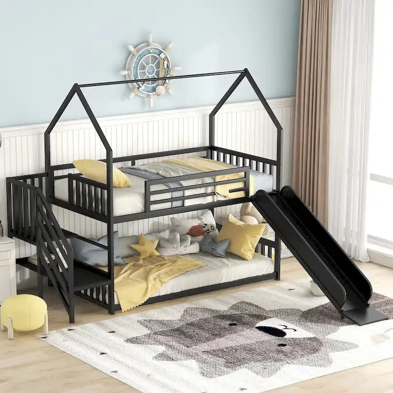 Lit superposé en métal de taille double avec toboggan et escalier, en forme de maison