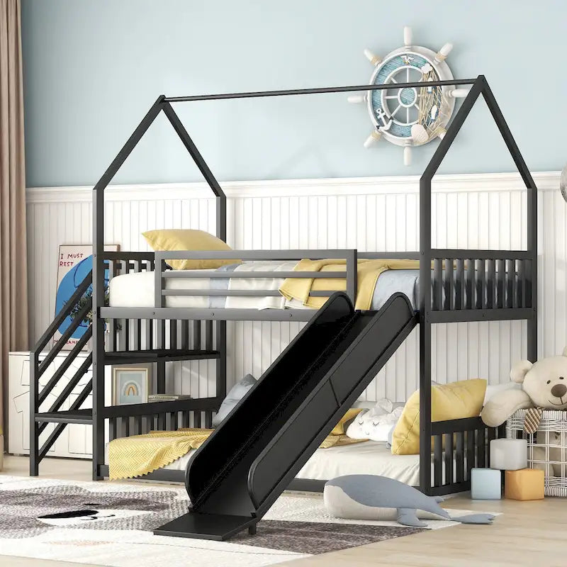 Lit superposé en métal de taille double avec toboggan et escalier, en forme de maison