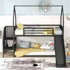 Lit superposé en métal de taille double avec toboggan et escalier, en forme de maison