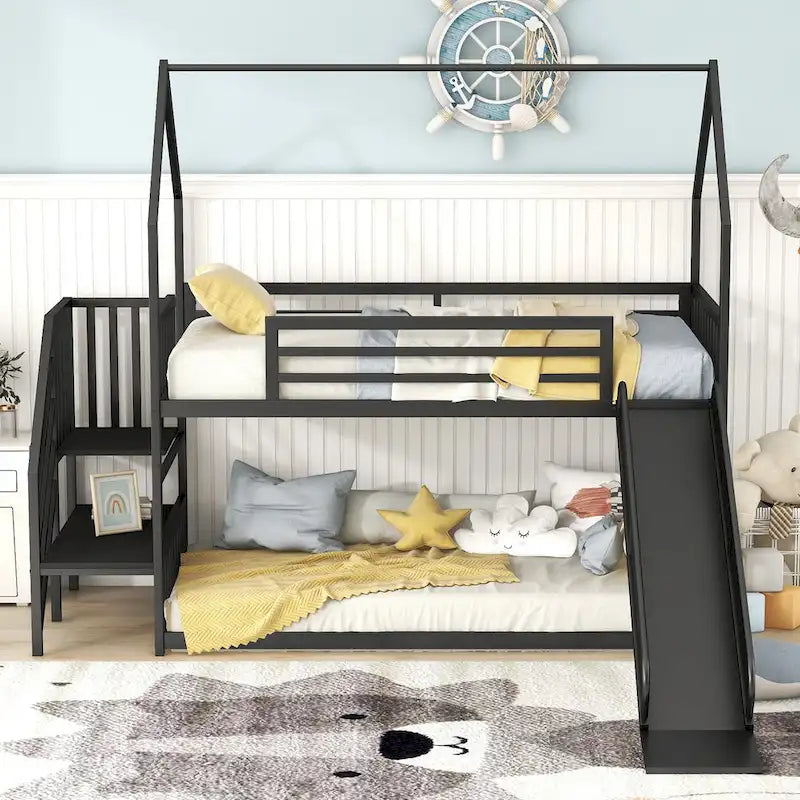 Lit superposé en métal de taille double avec toboggan et escalier, en forme de maison