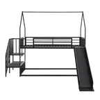 Lit superposé en métal de taille double avec toboggan et escalier, en forme de maison