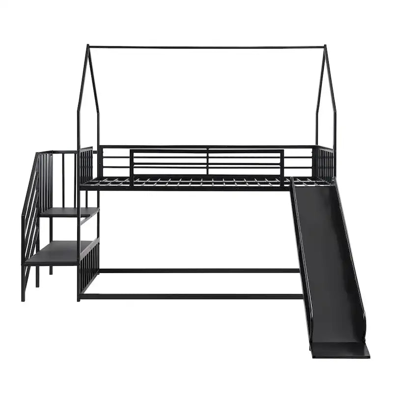 Lit superposé en métal de taille double avec toboggan et escalier, en forme de maison