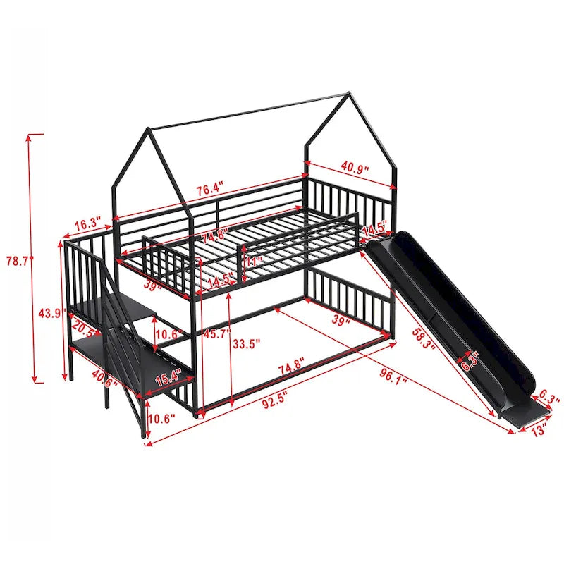 Lit superposé en métal de taille double avec toboggan et escalier, en forme de maison