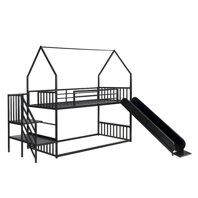 Lit superposé en métal de taille double avec toboggan et escalier, en forme de maison