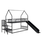 Lit superposé en métal de taille double avec toboggan et escalier, en forme de maison