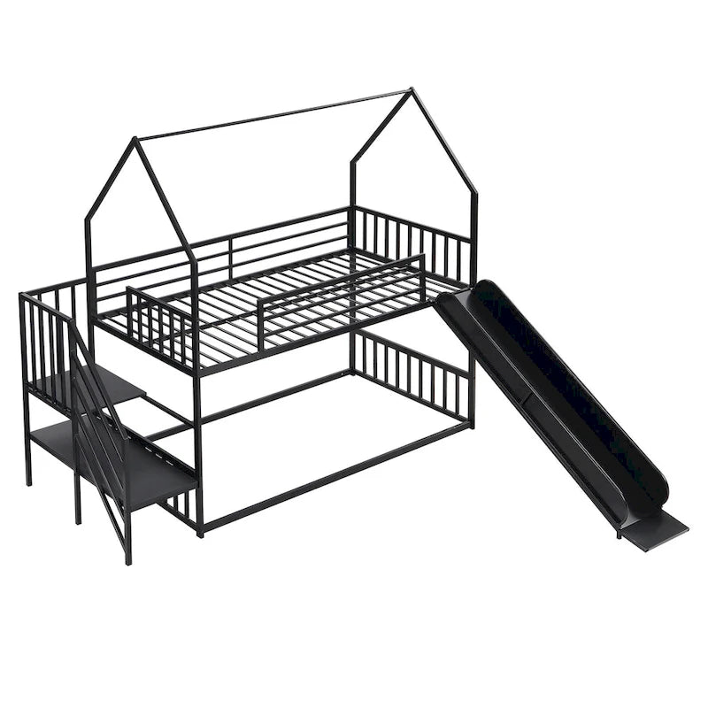 Lit superposé en métal de taille double avec toboggan et escalier, en forme de maison