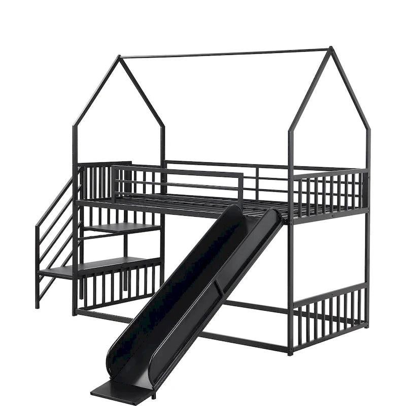 Lit superposé en métal de taille double avec toboggan et escalier, en forme de maison