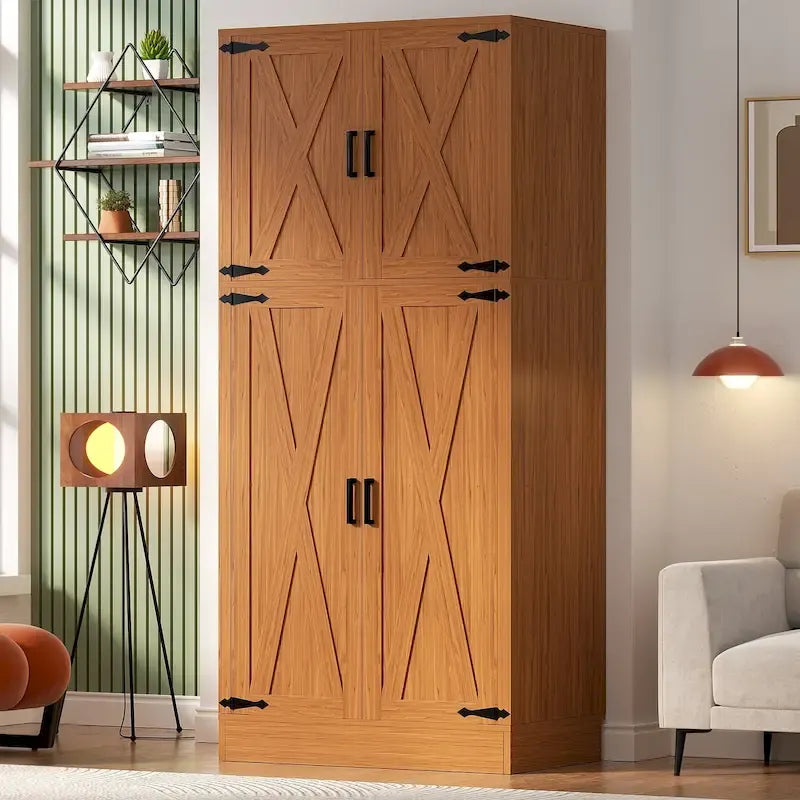 Armoire en bois Rackcog avec portes coulissantes, armoire de rangement de style rustique avec tringle à vêtements