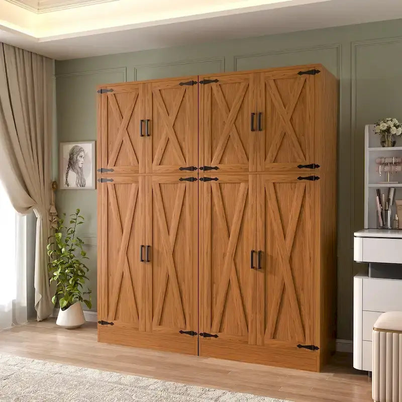 Armoire en bois Rackcog avec portes coulissantes, armoire de rangement de style rustique avec tringle à vêtements