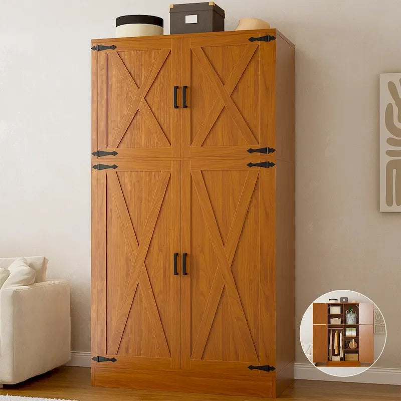 Armoire en bois Rackcog avec portes coulissantes, armoire de rangement de style rustique avec tringle à vêtements