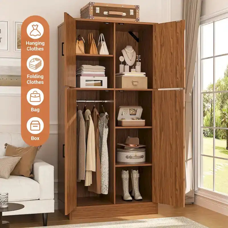 Armoire en bois Rackcog avec portes coulissantes, armoire de rangement de style rustique avec tringle à vêtements