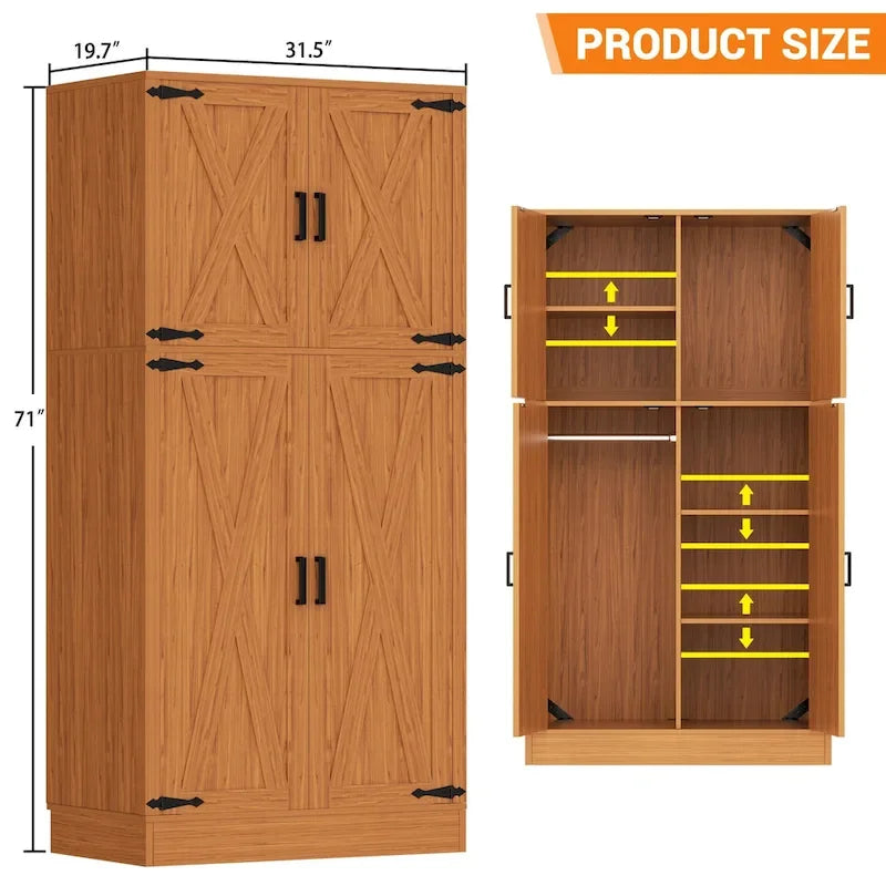 Armoire en bois Rackcog avec portes coulissantes, armoire de rangement de style rustique avec tringle à vêtements