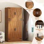 Armoire en bois Rackcog avec portes coulissantes, armoire de rangement de style rustique avec tringle à vêtements