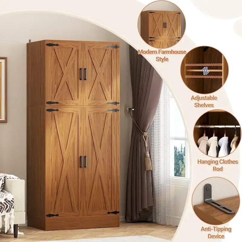 Armoire en bois Rackcog avec portes coulissantes, armoire de rangement de style rustique avec tringle à vêtements