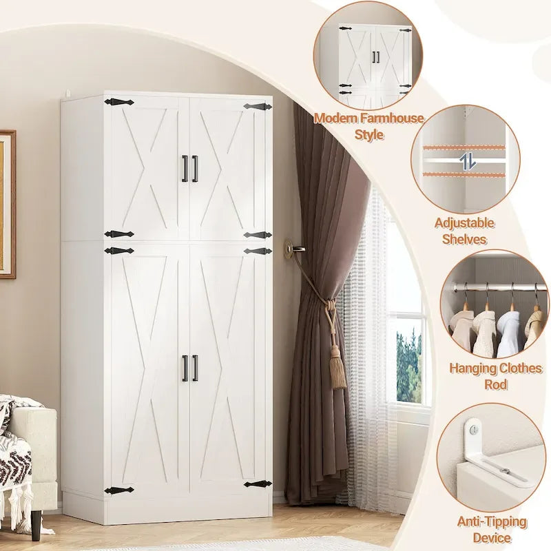 Armoire en bois Rackcog avec portes coulissantes, armoire de rangement de style rustique avec tringle à vêtements