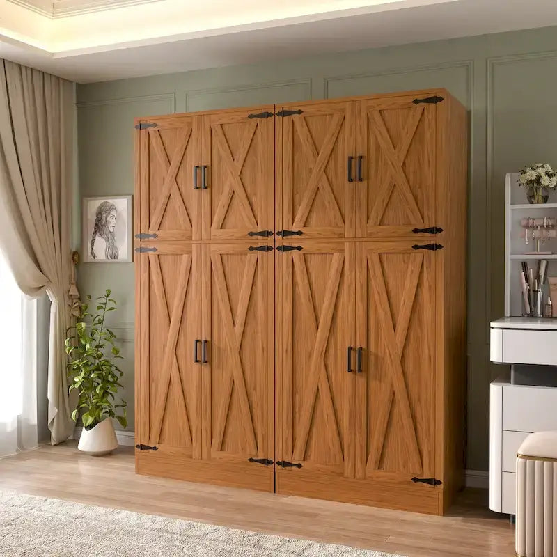 Armoire en bois Rackcog avec portes coulissantes, armoire de rangement de style rustique avec tringle à vêtements