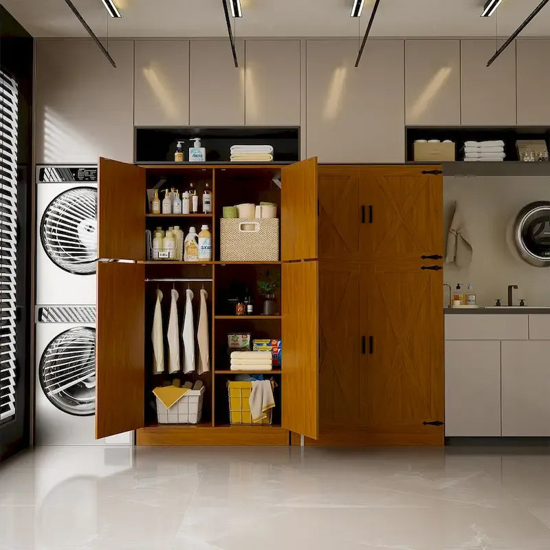 Armoire en bois Rackcog avec portes coulissantes, armoire de rangement de style rustique avec tringle à vêtements