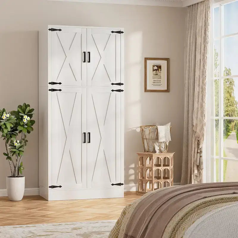 Armoire en bois Rackcog avec portes coulissantes, armoire de rangement de style rustique avec tringle à vêtements