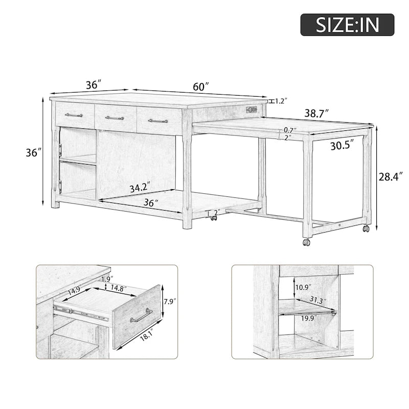 Îlot de cuisine extensible avec rangement (tabouret non inclus)
