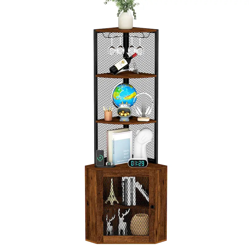 Étagère d'angle avec portes, meuble d'angle de 65 po avec étagères et porte-verres à vin, bibliothèque d'angle à 6 niveaux