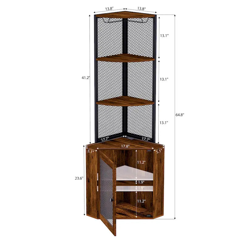 Étagère d'angle avec portes, meuble d'angle de 65 po avec étagères et porte-verres à vin, bibliothèque d'angle à 6 niveaux