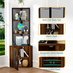 Étagère d'angle avec portes, meuble d'angle de 65 po avec étagères et porte-verres à vin, bibliothèque d'angle à 6 niveaux