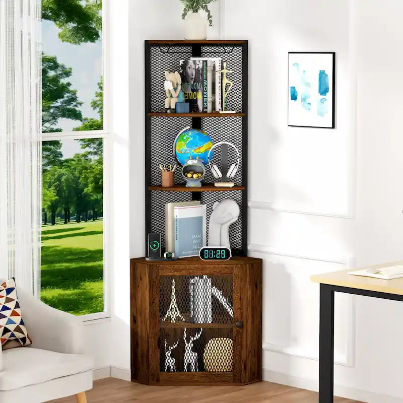 Étagère d'angle avec portes, meuble d'angle de 65 po avec étagères et porte-verres à vin, bibliothèque d'angle à 6 niveaux