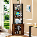 Étagère d'angle avec portes, meuble d'angle de 65 po avec étagères et porte-verres à vin, bibliothèque d'angle à 6 niveaux