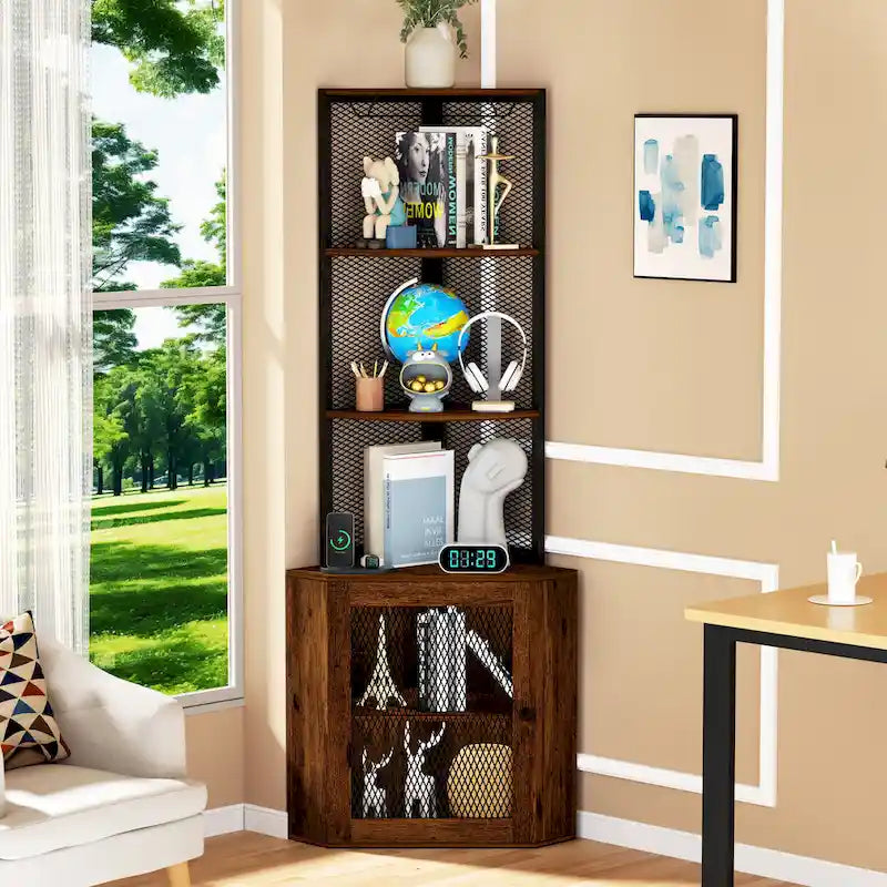 Étagère d'angle avec portes, meuble d'angle de 65 po avec étagères et porte-verres à vin, bibliothèque d'angle à 6 niveaux