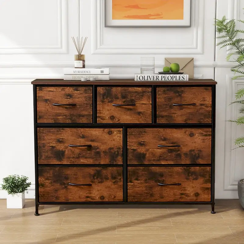 Commode à 7 tiroirs sur pied Tour de rangement Commode Meuble TV avec plateau en bois pour chambre à coucher ou dressing