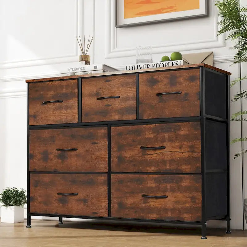 Commode à 7 tiroirs sur pied Tour de rangement Commode Meuble TV avec plateau en bois pour chambre à coucher ou dressing