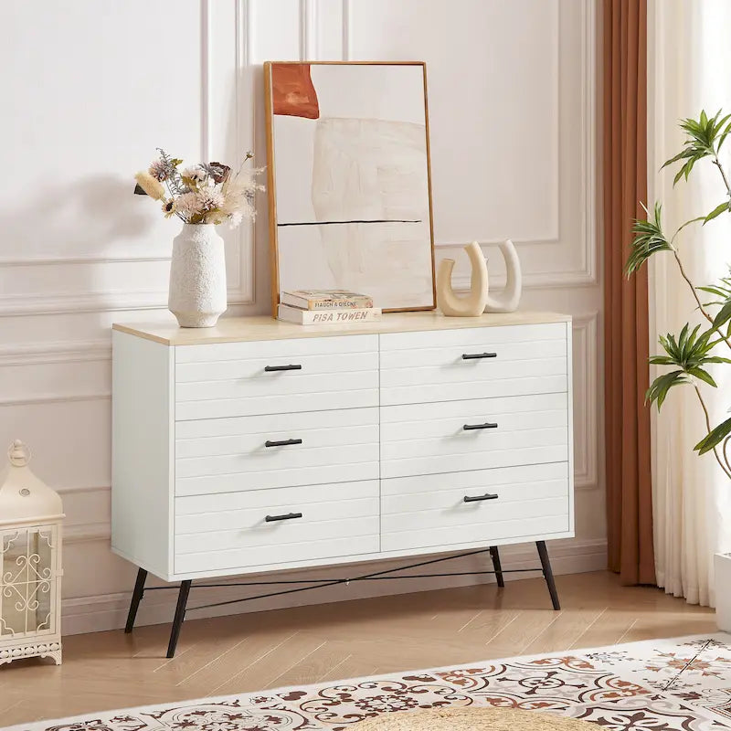 Meuble TV de style rustique de 120 cm avec 6 grands tiroirs de rangement pour salon