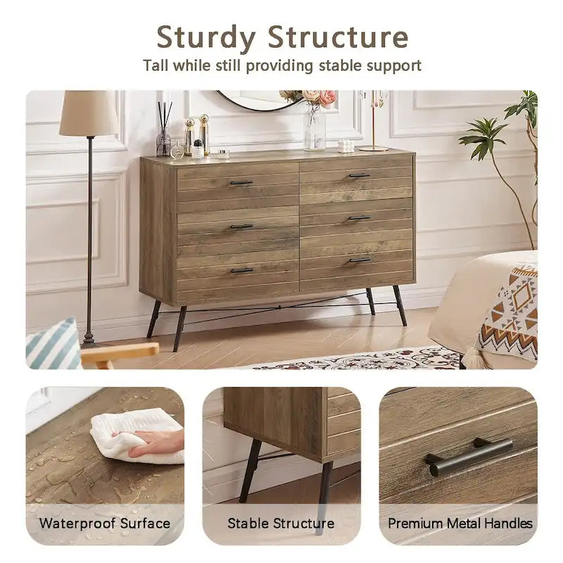 Meuble TV de style rustique de 120 cm avec 6 grands tiroirs de rangement pour salon