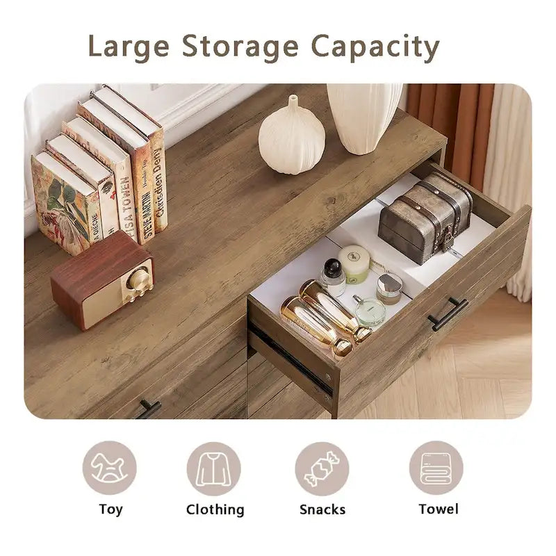 Meuble TV de style rustique de 120 cm avec 6 grands tiroirs de rangement pour salon