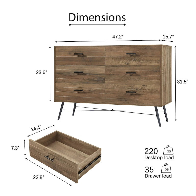 Meuble TV de style rustique de 120 cm avec 6 grands tiroirs de rangement pour salon