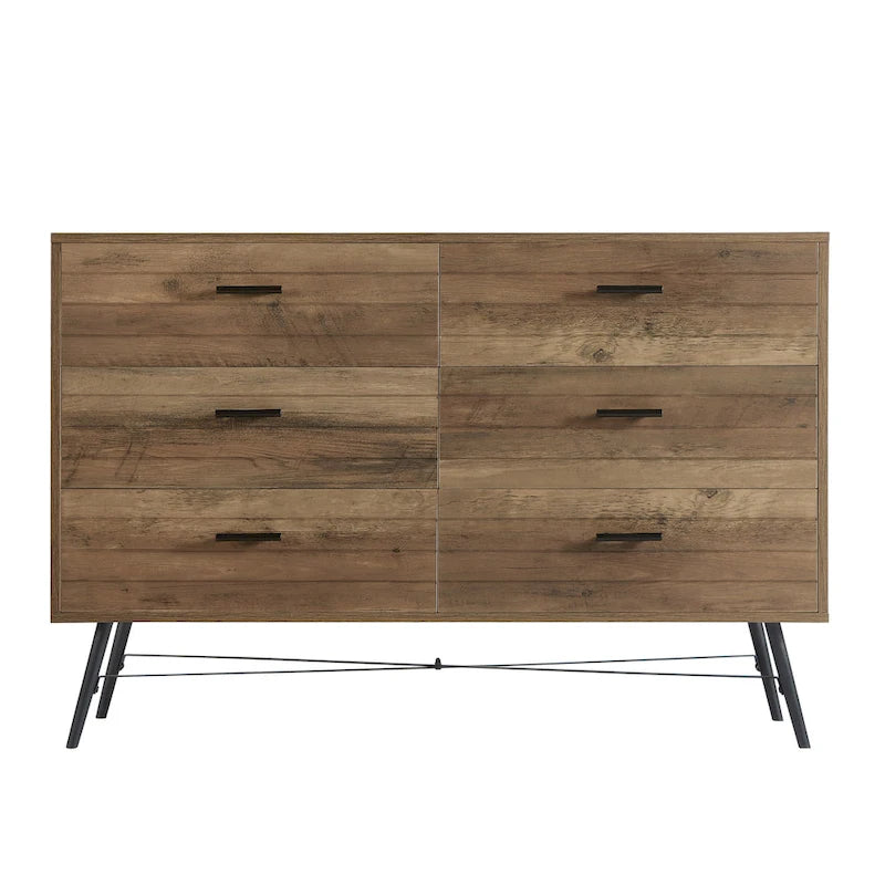 Meuble TV de style rustique de 120 cm avec 6 grands tiroirs de rangement pour salon