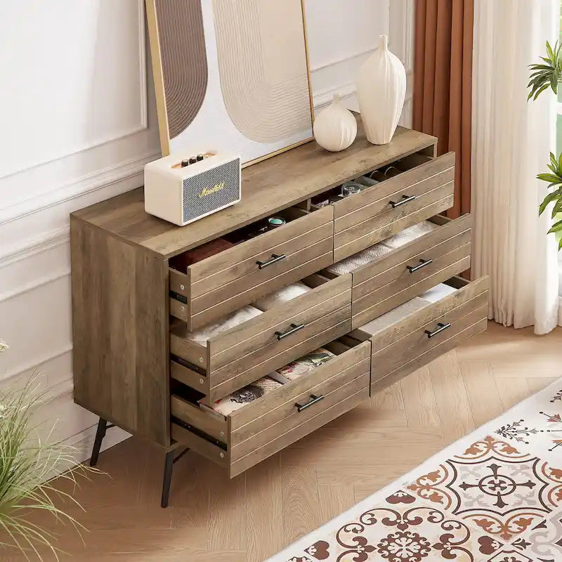 Meuble TV de style rustique de 120 cm avec 6 grands tiroirs de rangement pour salon