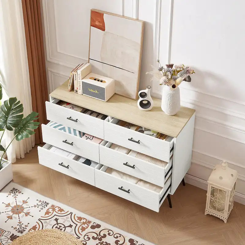 Meuble TV de style rustique de 120 cm avec 6 grands tiroirs de rangement pour salon