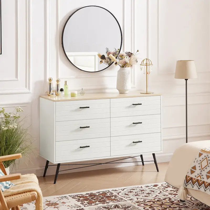 Meuble TV de style rustique de 120 cm avec 6 grands tiroirs de rangement pour salon