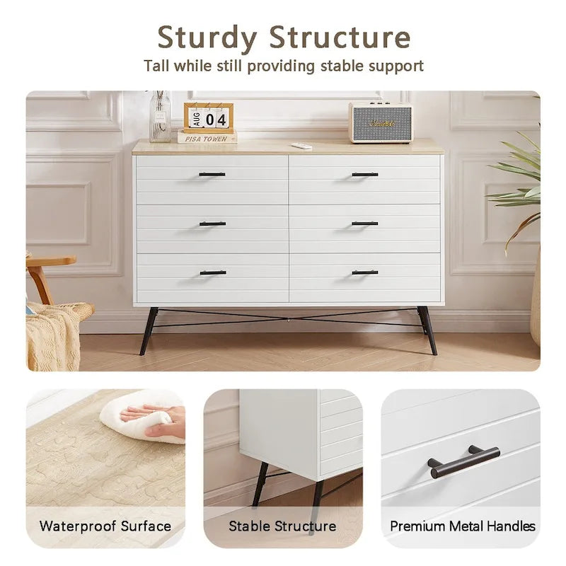 Meuble TV de style rustique de 120 cm avec 6 grands tiroirs de rangement pour salon