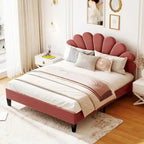 Lit plateforme capitonné grand lit (Queen Size) en velours rouge avec tête de lit à motif floral, aucun sommier tapissier requis