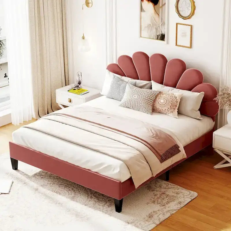 Lit plateforme capitonné grand lit (Queen Size) en velours rouge avec tête de lit à motif floral, aucun sommier tapissier requis