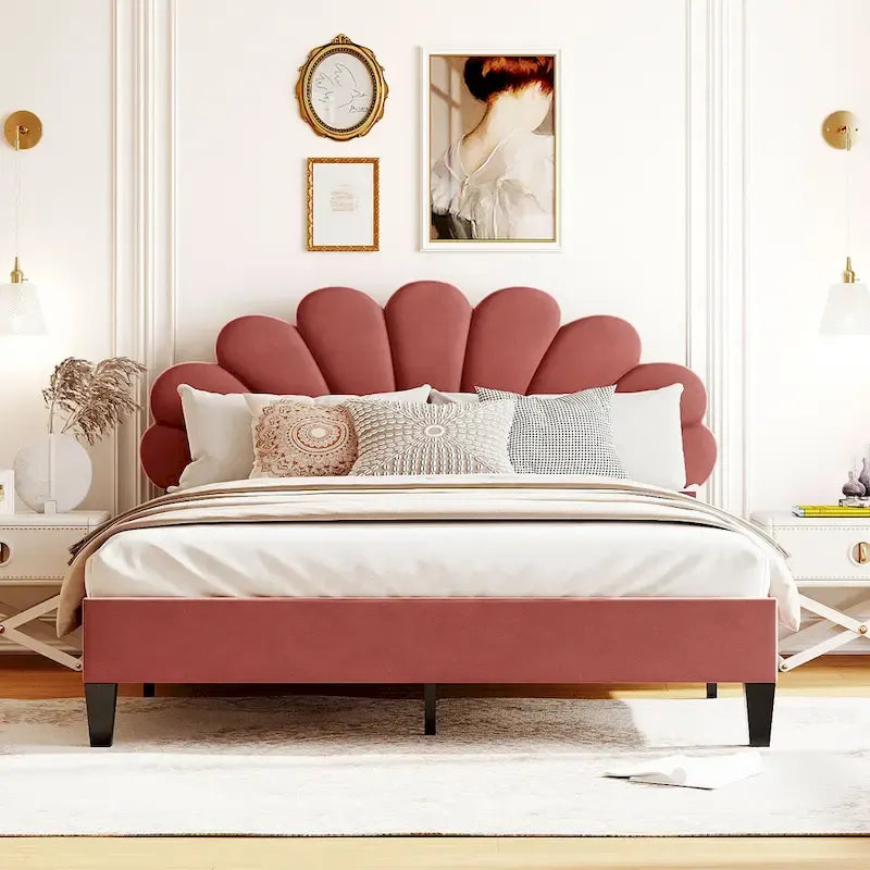 Lit plateforme capitonné grand lit (Queen Size) en velours rouge avec tête de lit à motif floral, aucun sommier tapissier requis