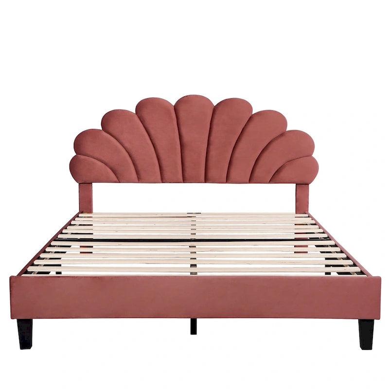 Lit plateforme capitonné grand lit (Queen Size) en velours rouge avec tête de lit à motif floral, aucun sommier tapissier requis