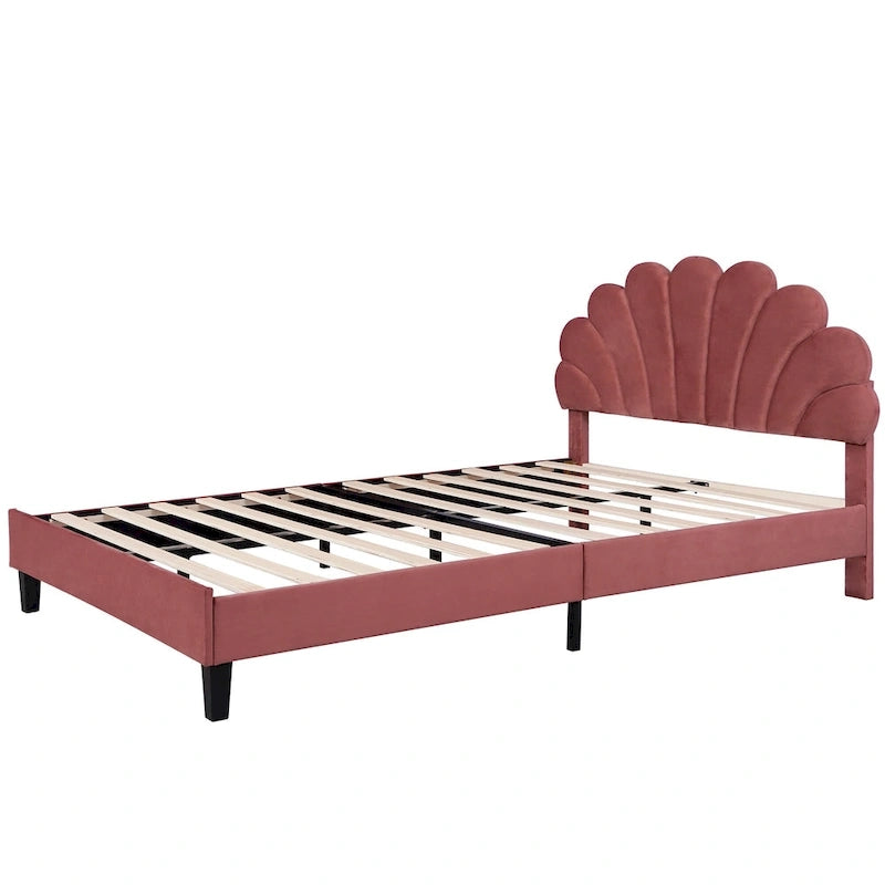 Lit plateforme capitonné grand lit (Queen Size) en velours rouge avec tête de lit à motif floral, aucun sommier tapissier requis