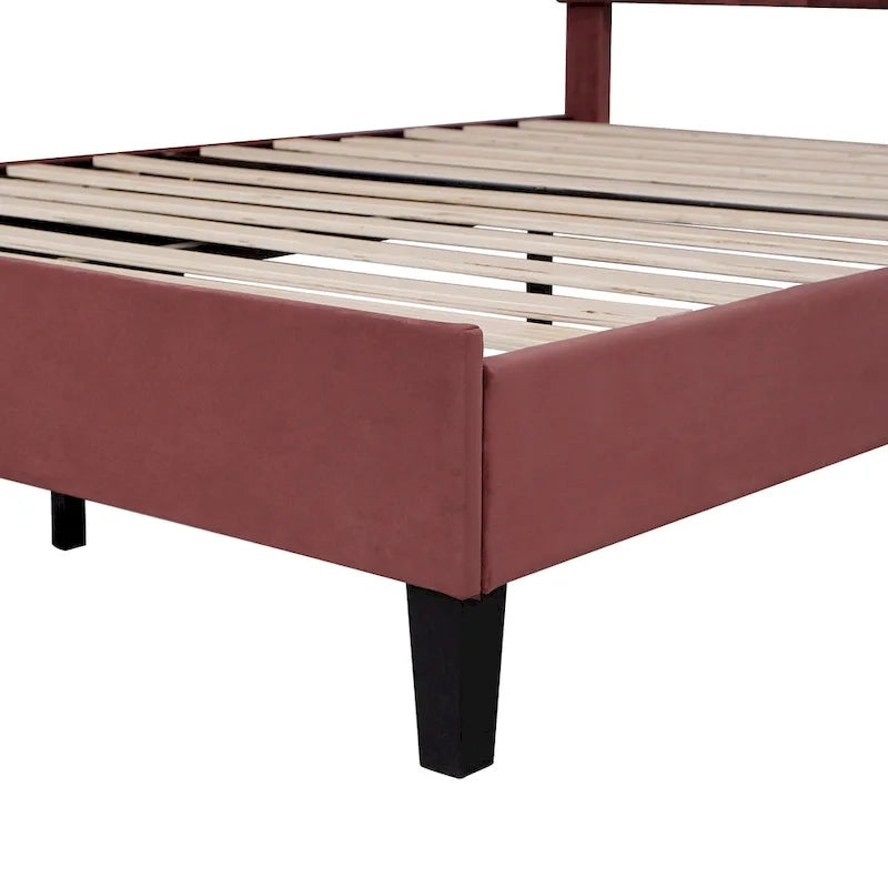 Lit plateforme capitonné grand lit (Queen Size) en velours rouge avec tête de lit à motif floral, aucun sommier tapissier requis