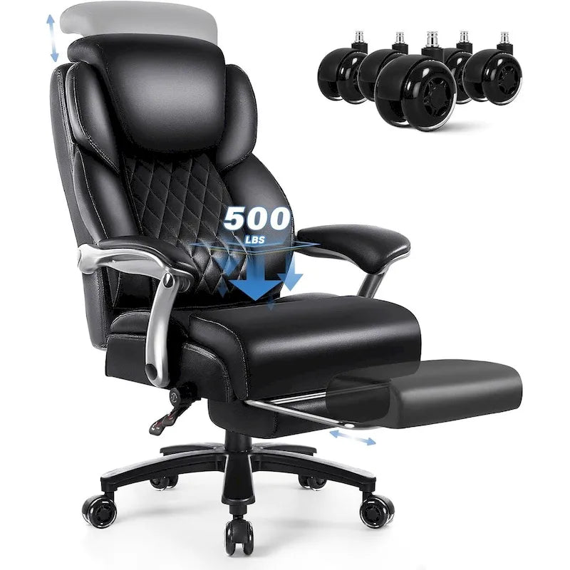 Chaise de bureau BOSSIN Lift-Headrest pour personnes de grande taille 500 lb - Cuir robuste avec repose-pieds rétractable et support lombaire